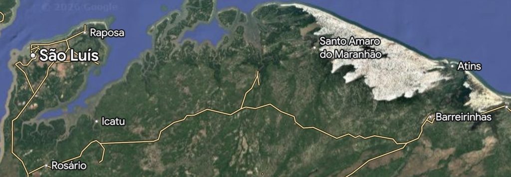 Mapa do Parque Nacional dos Lençóis Maranhenses com a localização de Atins, Santo Amaro e Barreirinhas